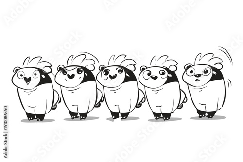 Adorable cartoon creatures in a row showing varying expressions and gestures in black and white design