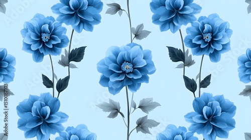 Seamless Pastel Blue Dahlias Floral Pattern Botanical Textile Design