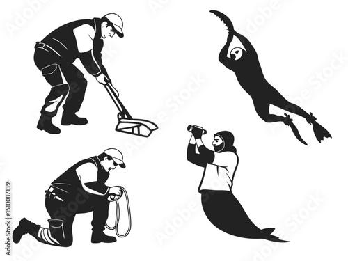 Silhouettes of various professions cleaning diving exploring and marine biology conceptual design isolated against white background
