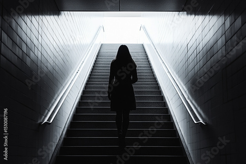 Woman walking down a long flight of stairs silhouette