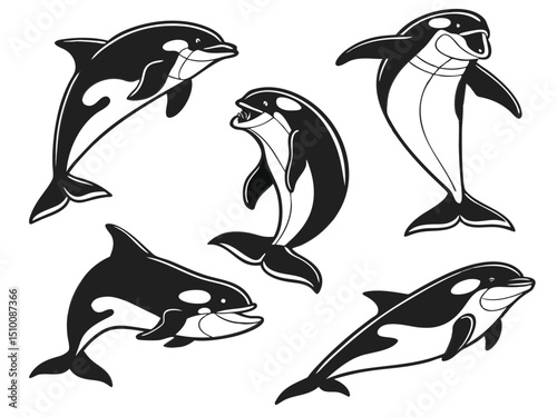 Five stylized black and white killer whale illustrations in various poses for design projects