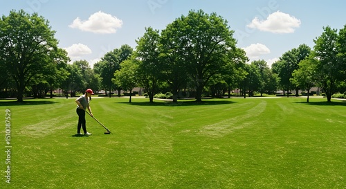A diligent person maintaining a vast, verdant lawn with a manual push mower in a sunny public park, surrounded by lush green trees under a clear blue sky.