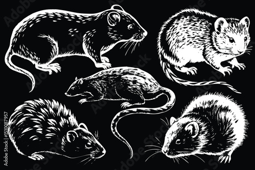 Vector illustration of five stylized rats in monochrome on black background displaying various poses and textures