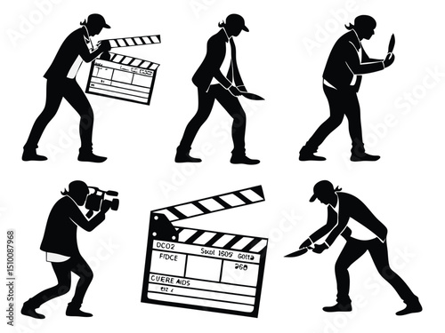 Silhouette illustrations of a man in a suit portraying different roles such as filmmaking and possibly criminal activity