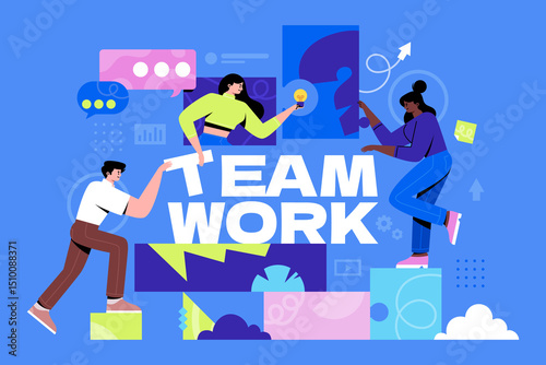 Flat Teamwork Illustration with Memphis Style