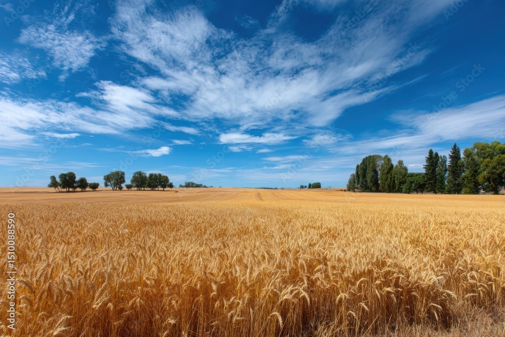 Obraz premium Golden wheat field under a vast blue sky