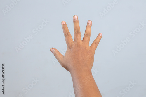 Open human hand with fingers widely spread showing gesture of five count or stop sign viewed from back side against plain background
