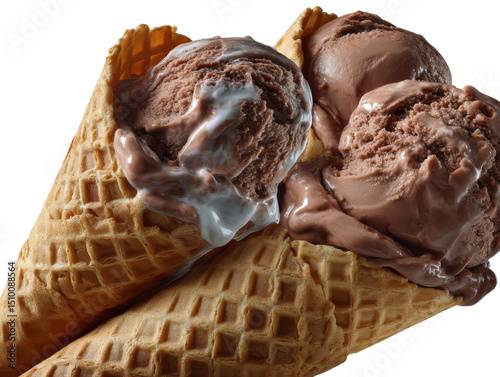 Sweet Temptation: A close-up shot of delectable ice cream scoops, perched temptingly within crispy waffle cones, promises a moment of pure indulgence.  photo