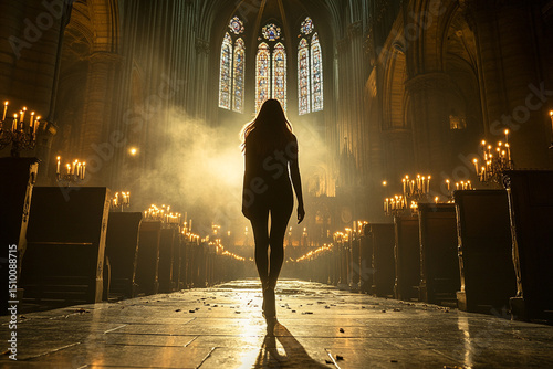 Woman walking through a grand cathedral