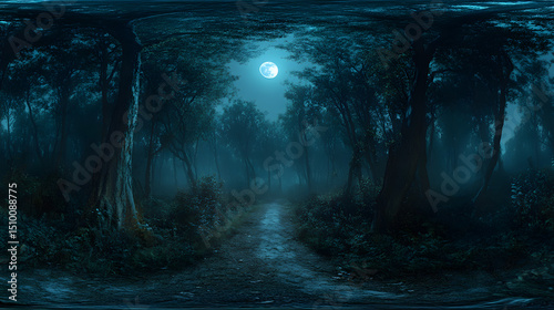 360 degree, dark forest path illuminated by the moon, with ghostly apparitions floating. HDRI spherical panorama.
