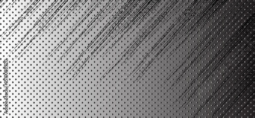 Abstract halftone background with diagonal sketch lines and gradient dots. Modern comic style overlay design with a grayscale color scheme.