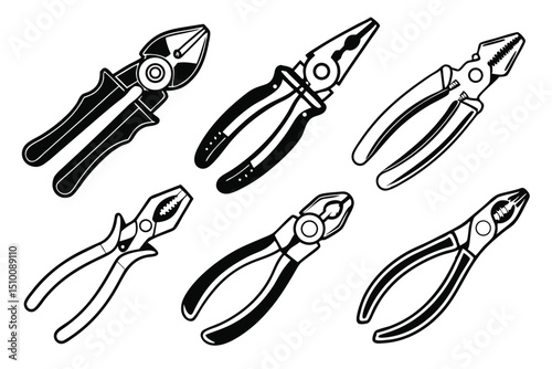 Vector illustration of assorted pliers hand tools outlined in black and white on a white background