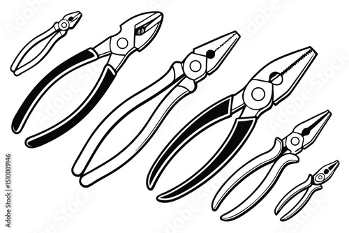 Collection of monochrome pliers illustrations depicting diverse sizes and shapes for repair or construction usage
