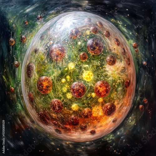 Storm inside a drop of dew captures the essence of fusion in a mesmerizing display of colors and cosmic elements