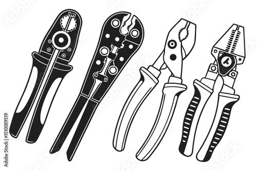 Black and white illustration of assorted electrical wire strippers and pliers for repair or construction