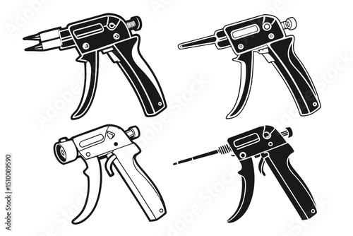 Detailed black and white illustrations of different industrial grade sealant gun types and nozzle designs