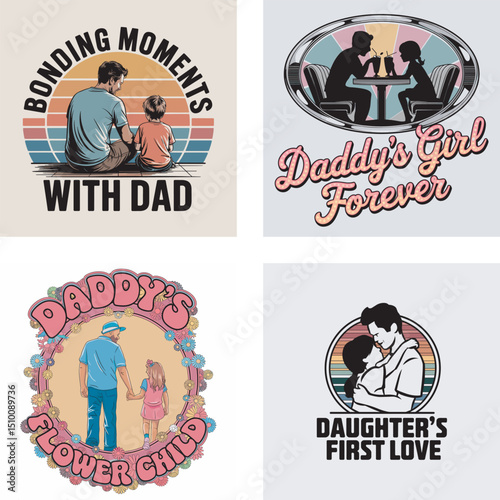 Four heartwarming illustrations of dads with their children celebrating father daughter moments of love and bonding for various occasions.