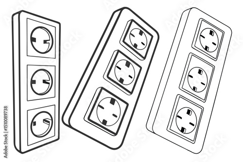Set of european power outlets in black and white perspective design for electrical usage and illustrations.