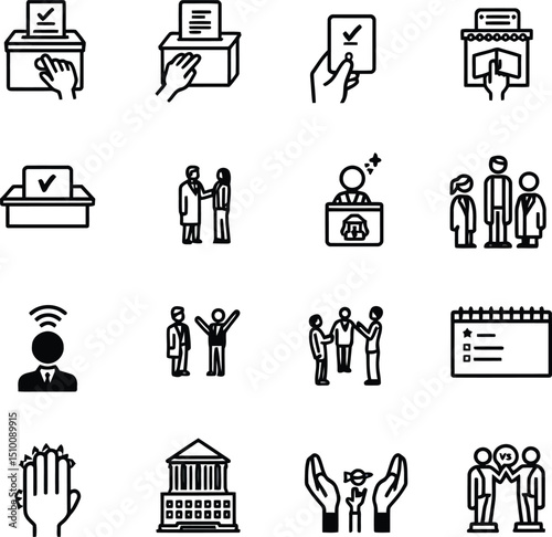Minimalist Democracy Icon Set – Black and White Symbols of Voting, People, and Civic Participation
