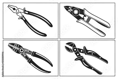Set of four black and white stylized illustrations of different pliers for various repair tasks