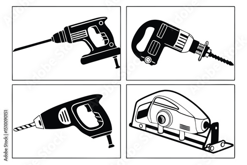 Black and white vector illustration of essential power tools for construction and diy projects