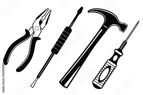 Black and white line art illustration of various essential hand tools on white background