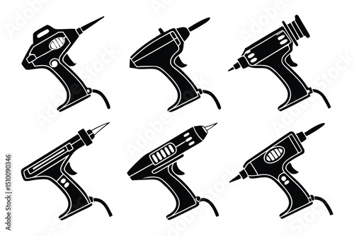 Set of six black and white silhouettes of different styles of glue guns tools and accessories
