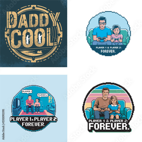 Pixelated illustrations show dads and children enjoying video games and gaming sessions together forever