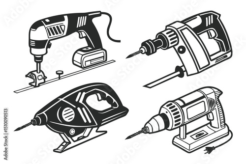 Collection of detailed black and white illustrations featuring various power tools for construction and diy projects.