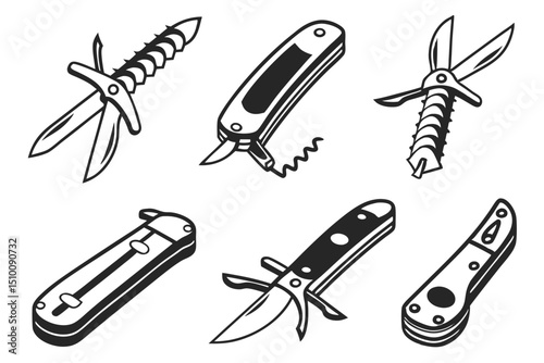 Set of hand drawn pocket knives swiss army knives and multi tools illustration in monochrome style