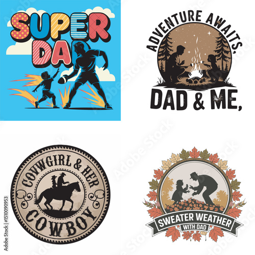 A collection of dad and child themed vintage style illustrations with football cowboy and autumn graphics designs