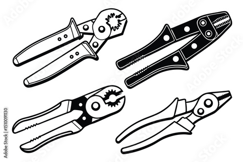 Illustration of various pliers in black and white outlines for construction and repair projects