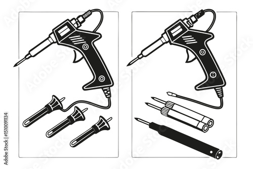 Detailed black and white illustration of soldering iron and various tips for electronics work