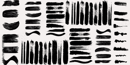 Collection of vector paint brush stroke, ink splatter, grunge line and artistic design elements. Dirty overlay, watercolor splash, black silhouette and torn paper set. Social media business banner art