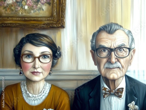 Elderly couple dressed elegantly pose for portrait in vintage room with floral decor and warm tones, showcasing deep connection and history