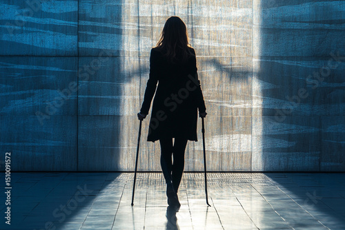 Woman walking with a cane silhouette