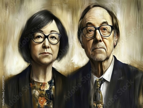Portrait of an older couple showcasing distinct expressions in a neutral background, reflecting wisdom and experience with a modern touch