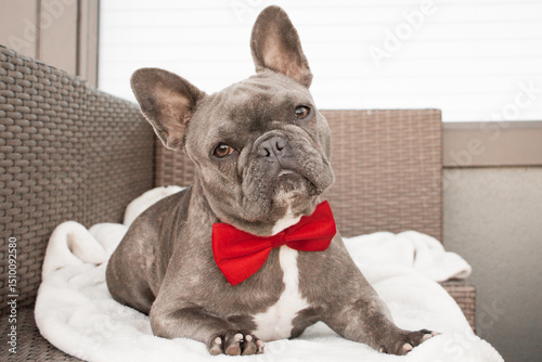 Grey French Bulldog wearing a bow tie lying on a towel on a garden chair