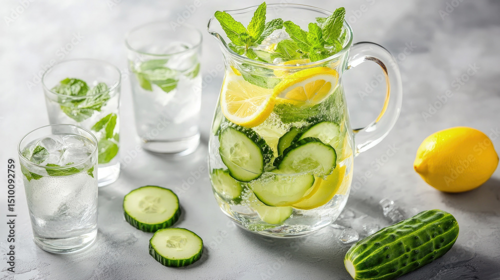 Fototapeta premium Refreshing detox water with cucumber, lemon, and mint in a glass pitcher, surrounded by ice-filled glasses on a light background, evoking freshness and health.