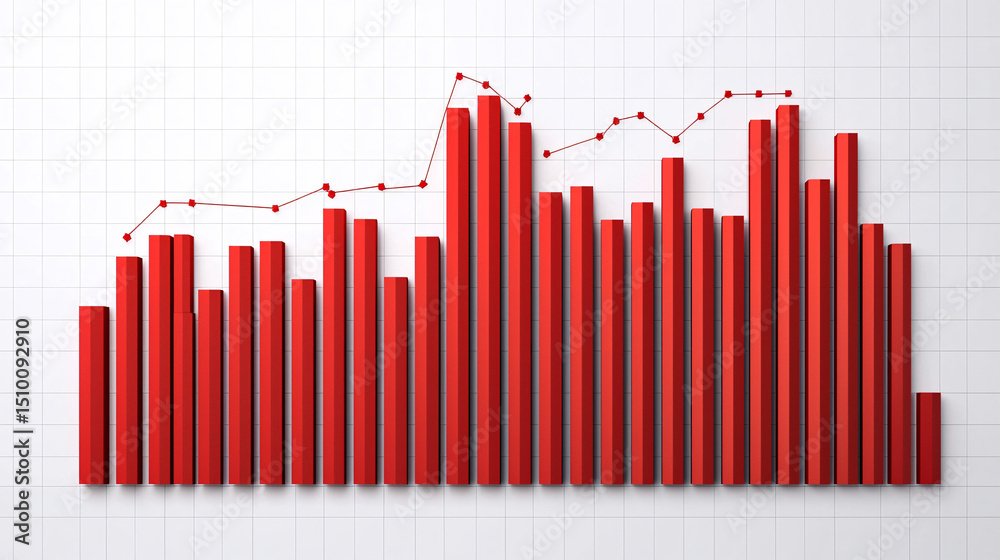 Fototapeta premium Red bar graph with overlaying line chart on a grid background.
