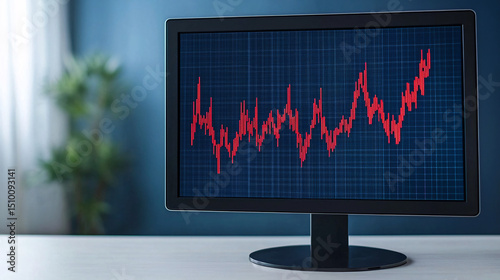 Stock market graph displayed on a computer monitor in a modern setting.