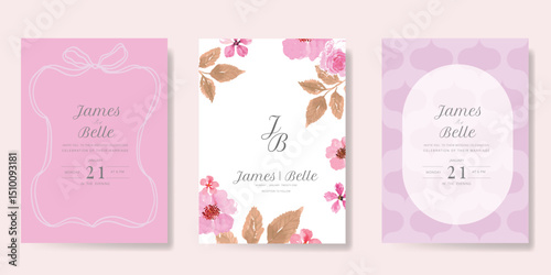 Elegant wedding invitation card background vector. Minimal hand drawn ribbon frame and floral frame template background. Design illustration for wedding, vip cover, poster, rsvp modern card.