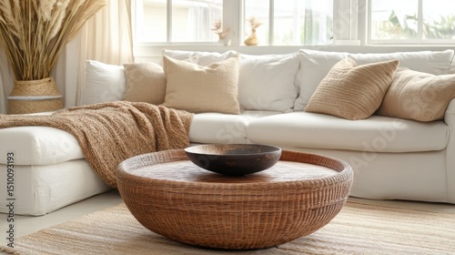 Scandinavian Serenity: Rattan Table and Pampas in Minimalist Living Room

 photo