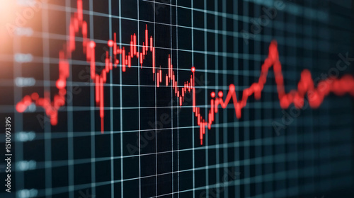 Stock market graph with fluctuating red line on a digital background.