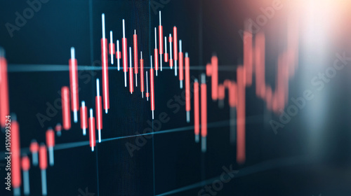 Stock market graph with fluctuating red and green candlesticks.