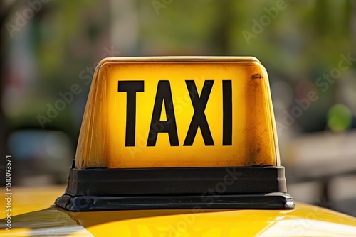 Close-up of illuminated yellow taxi sign on car roof. Urban transportation concept. Blurred city background. Bright, bold lettering. Classic cab design. Daylight. Focused and clear. Banner format