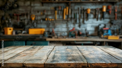 Rustic wooden table in front of a blurred workshop with tools