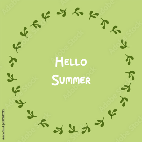 Minimal Green Leaf Wreath Frame — circular flat wreath made of dark green leaves on soft light green background, perfect for seasonal templates and decorative layouts.