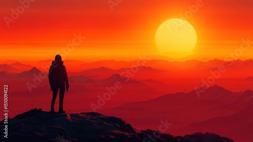 Silhouette of Hiker Against Dramatic Sunset Over Mountain Range