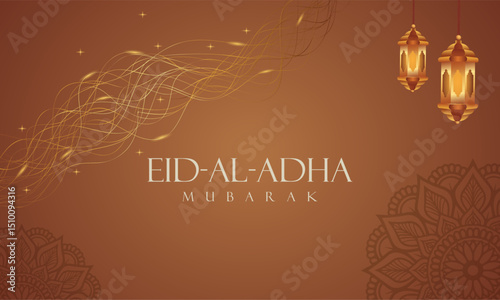 Elegant Eid-al-Adha background with golden lanterns, glowing waves, and subtle mandala art on a warm brown gradient. Perfect for Islamic holiday greetings and festive design themes.